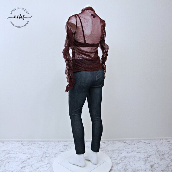 Maeve by Anthropologie Sheer Polka Dots Ruched Sleeve Top Burgundy Pink M - Picture 4 of 12